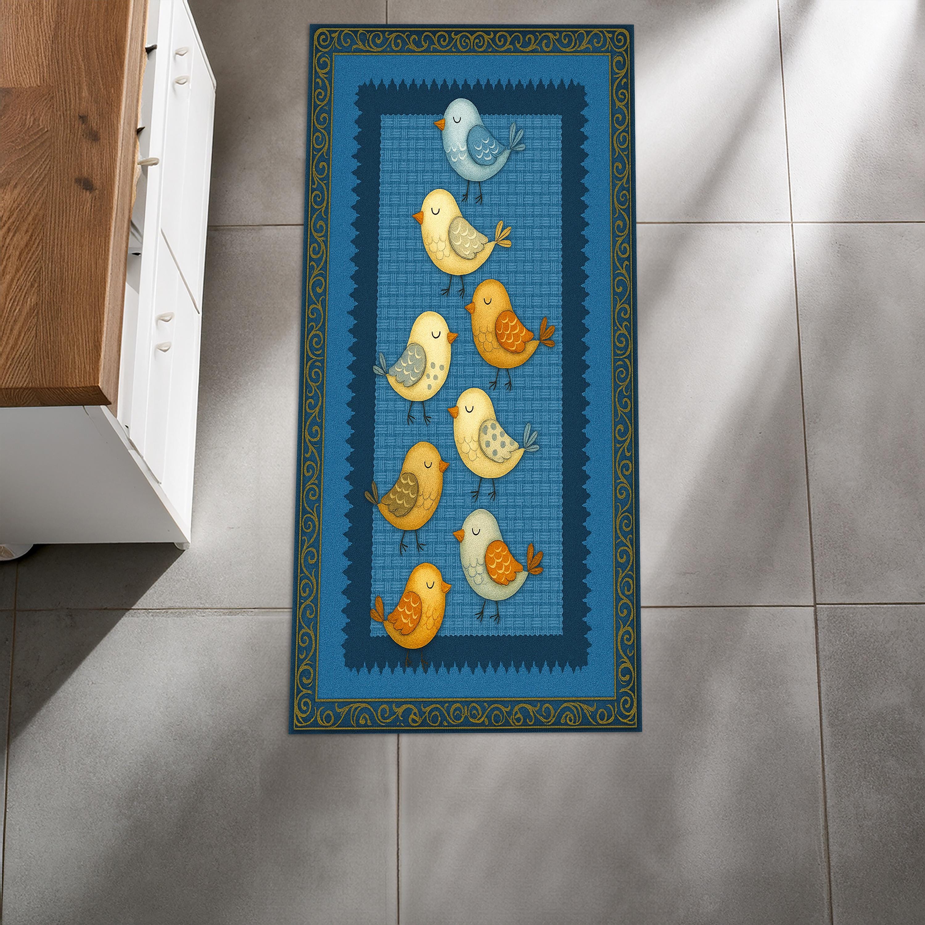 Bright Bird Rug Colorful Birds Kitchen Rug – Cute Bird Floor Mat, Blue Non-slip ...