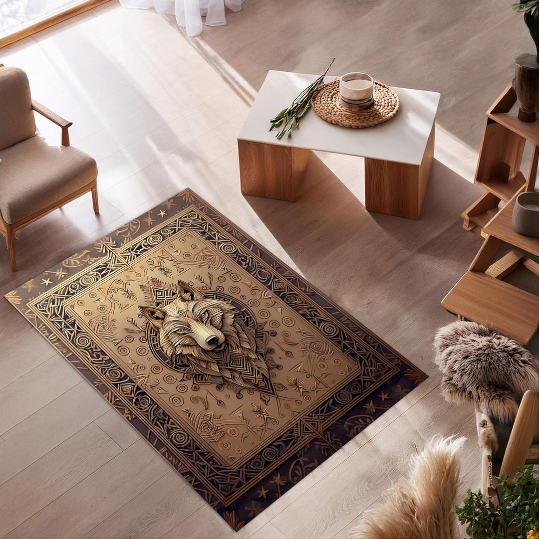Wolf Area Rug, Norse God Runner, 3D Look Wolf Rug, Wood Carving Look ...