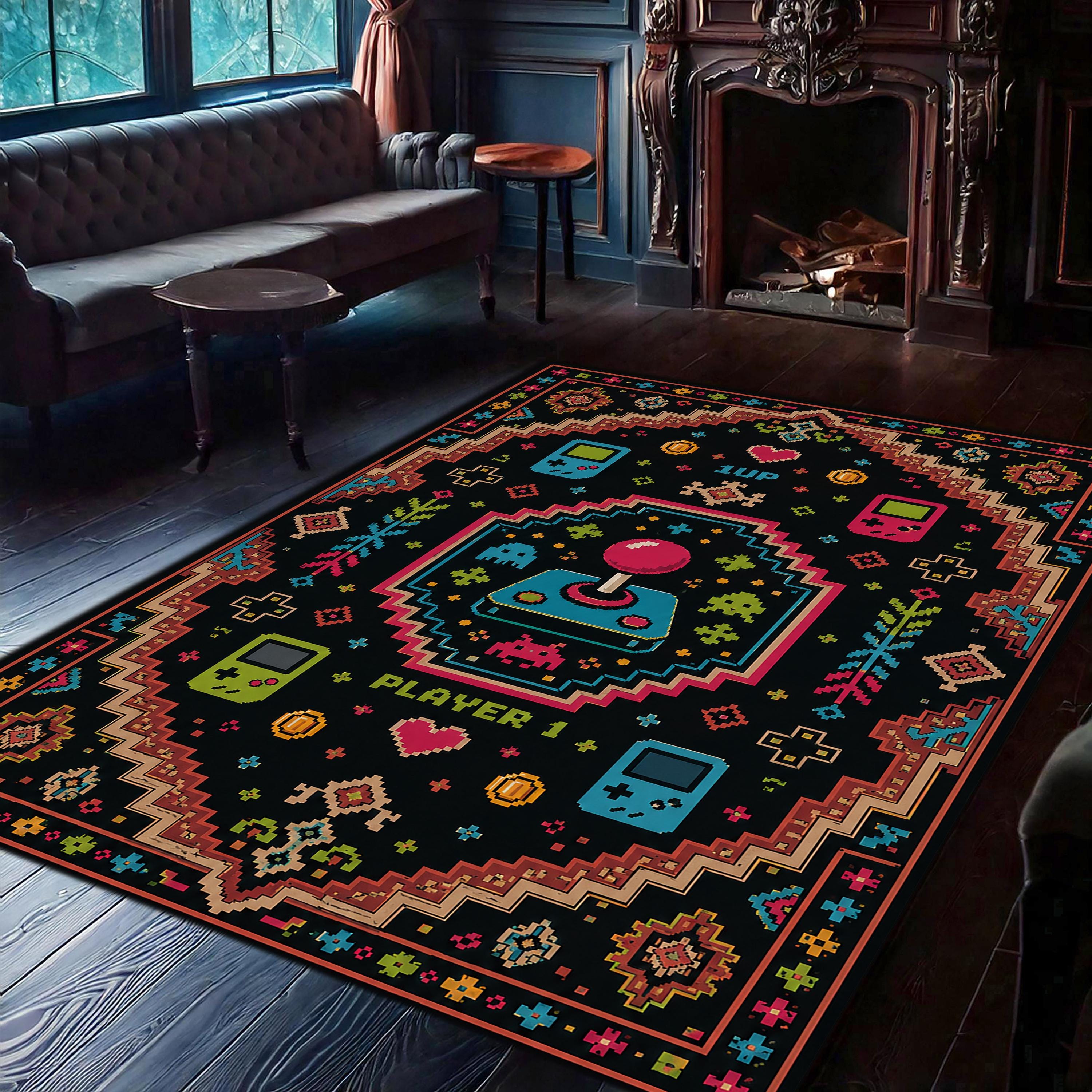 Retro Gamer Rug, Pixel Art Arcade Area Rug, Joystick Gaming Decor Rug ...