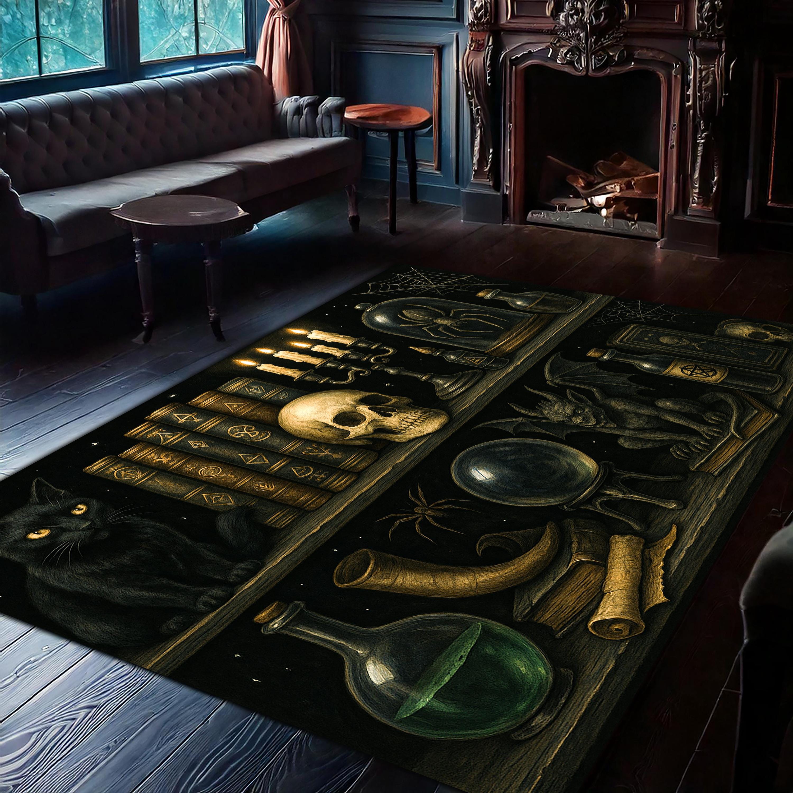 Tgc Rug Witchcraft Gothic Rug, Dark Academia Magic Carpet With Black Cat and ...