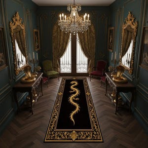 May include: An opulent hallway with dark teal walls, gold detailing, and a black rug with a gold dragon motif. The room features a crystal chandelier, gold mirrors, and antique furniture, creating a lavish atmosphere.