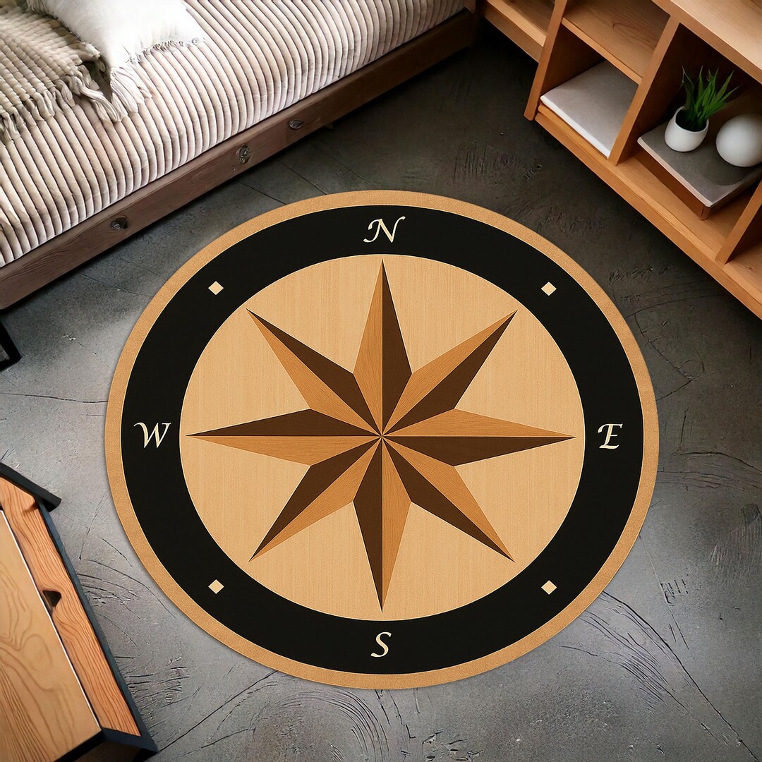 Round Compass Rug – Rustic Nautical Wind Rose Design With for Coastal ...