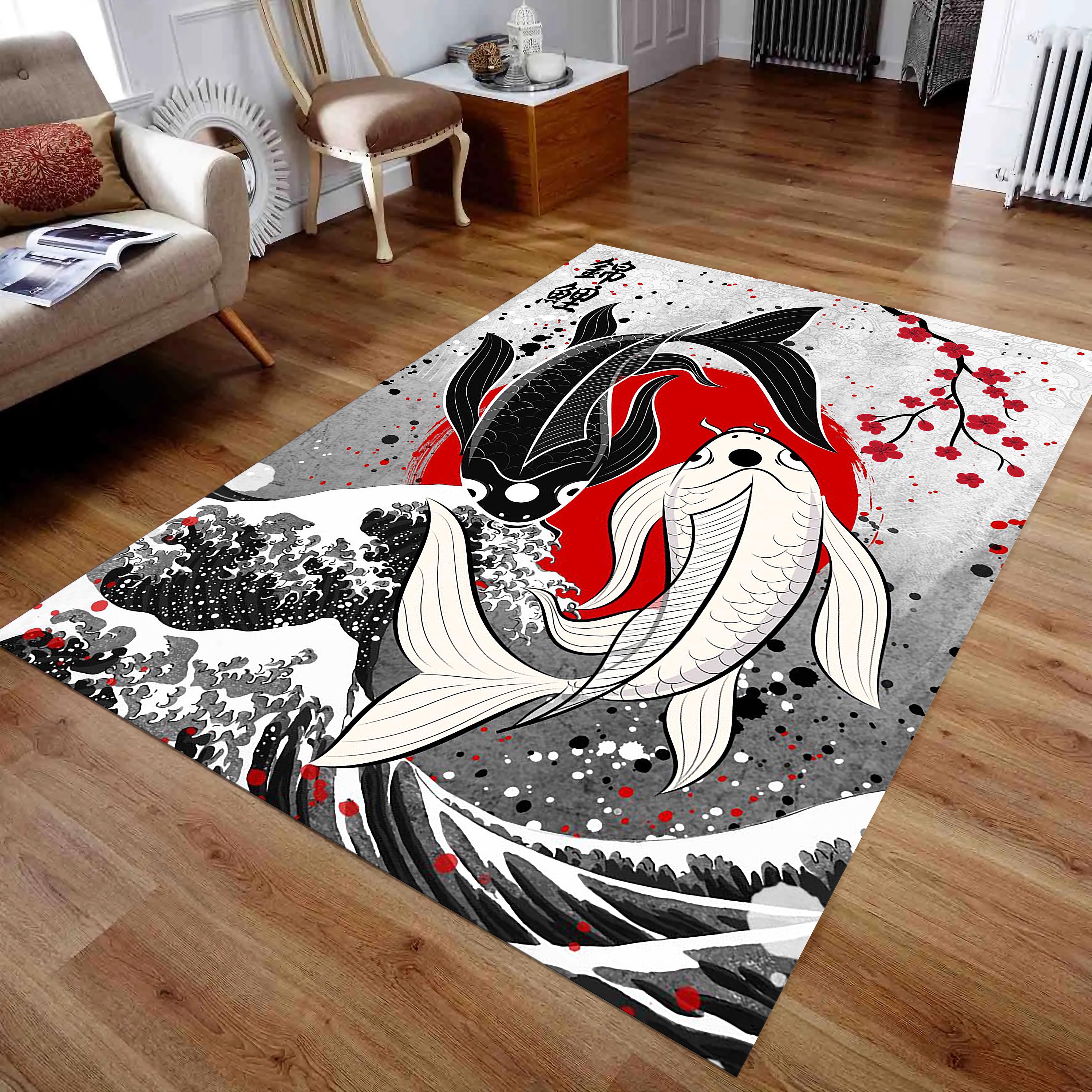 Gold Fish Rug, Japanese Fish Pattern Rug, Japanese Rug, Yin and Yang ...