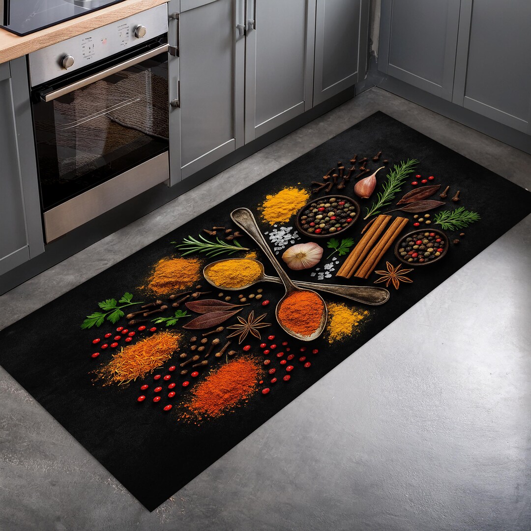Colorful Spices Kitchen Rug – Non-slip Washable Cooking Mat With Herbs ...