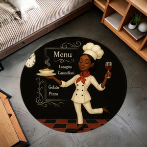 Alfombra redonda de chef para cocina: decoración culinaria retro con ilustración de cocinera, divertida alfombra estilo restaurante para comedor o cafetería.