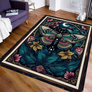 Floral Luna Moth Rug, Mystic Butterfly Rug, Dark Cottagecore Home Decor, Gothic Style Area Rug, Spooky Rug, Nature Lover Butterfly Rug