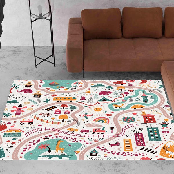 Personalizable Kids Rug, City Road Rug, Nursery Rug, World Road Rug, Washable, Non-slip Play Mat, Metropolis City Play Rug, Kinderkarten