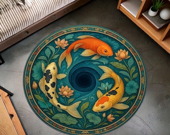 Zen Koi Fish Round Rug with Lotus and Botanical Floral Design, Oriental Japanese Inspired Carpet, Meditation and Living Room Decor