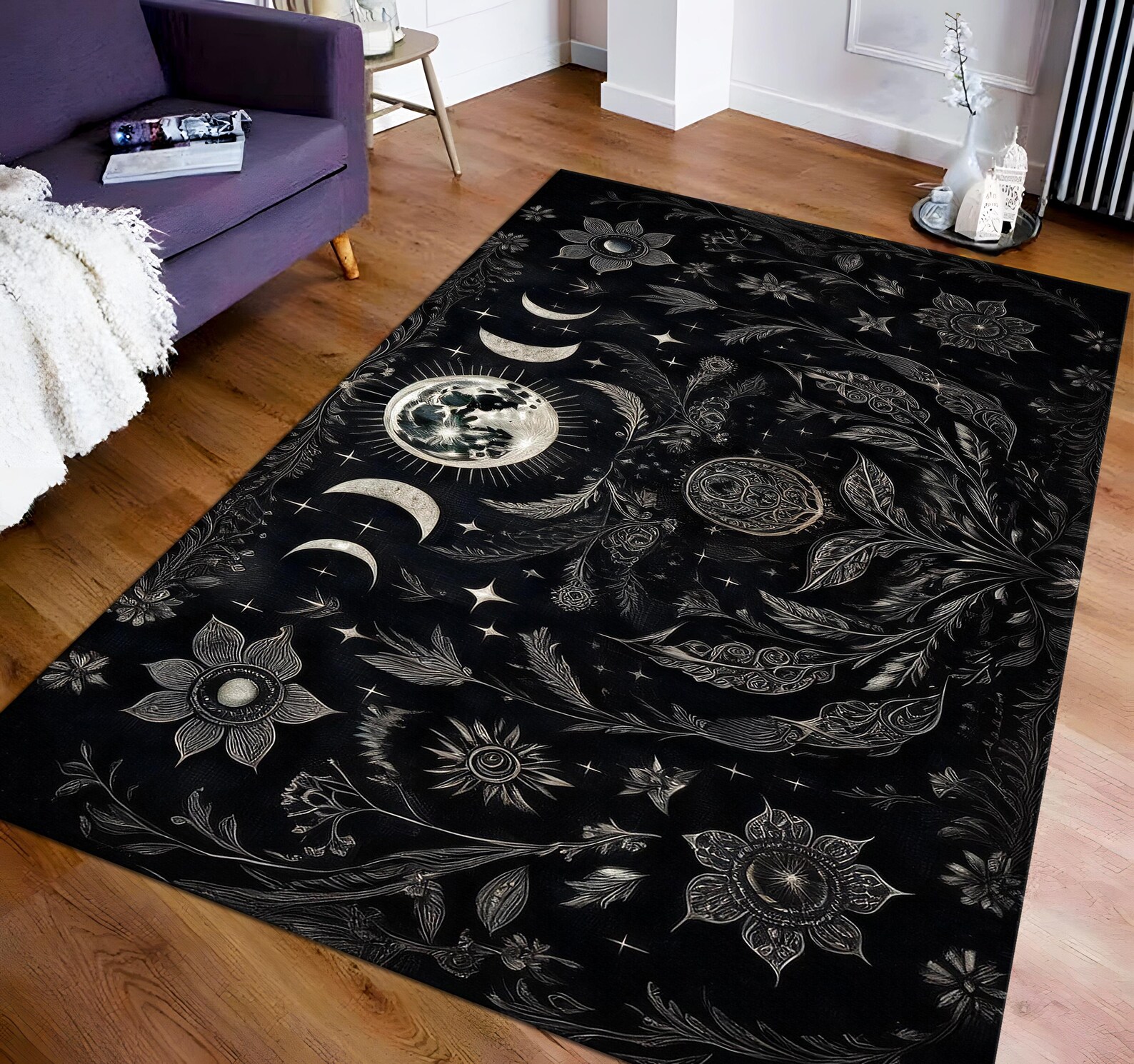 Moon Face Rug Gothic Moon Phase Rug, Dark Academia Decor, Cottagecore Rug, Floral ...
