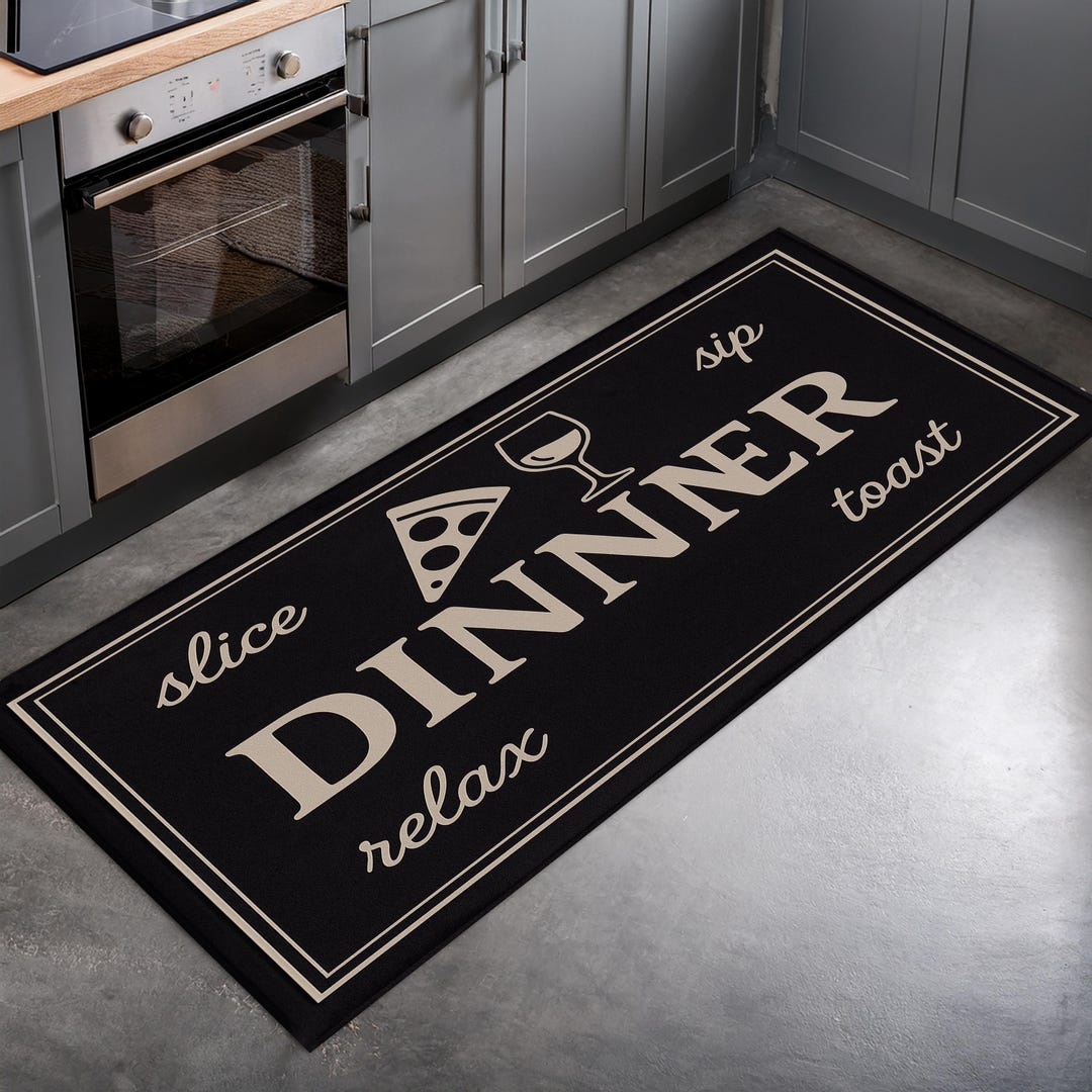 Dinner Kitchen Rug – Black Minimalist Non-slip Cooking Mat With Pizza ...