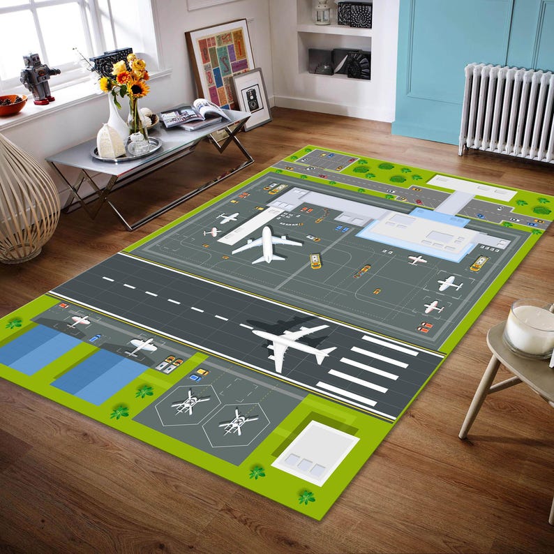 Airport Map Playmat, Runway Rug, Kids Play Rug, Kids Room Decor, Child Room Decor, Playhouse Rug, Kids Playmat image 4