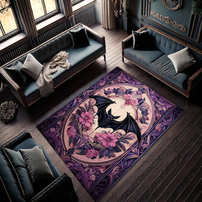 Bat Rug For Gothic Room Decor, Dark Academia Bat In Flowers Rug, Bat Decor, Spooky Room Decor\ Witchy Room Decor, Vintage Rug, Halloween Rug image 2