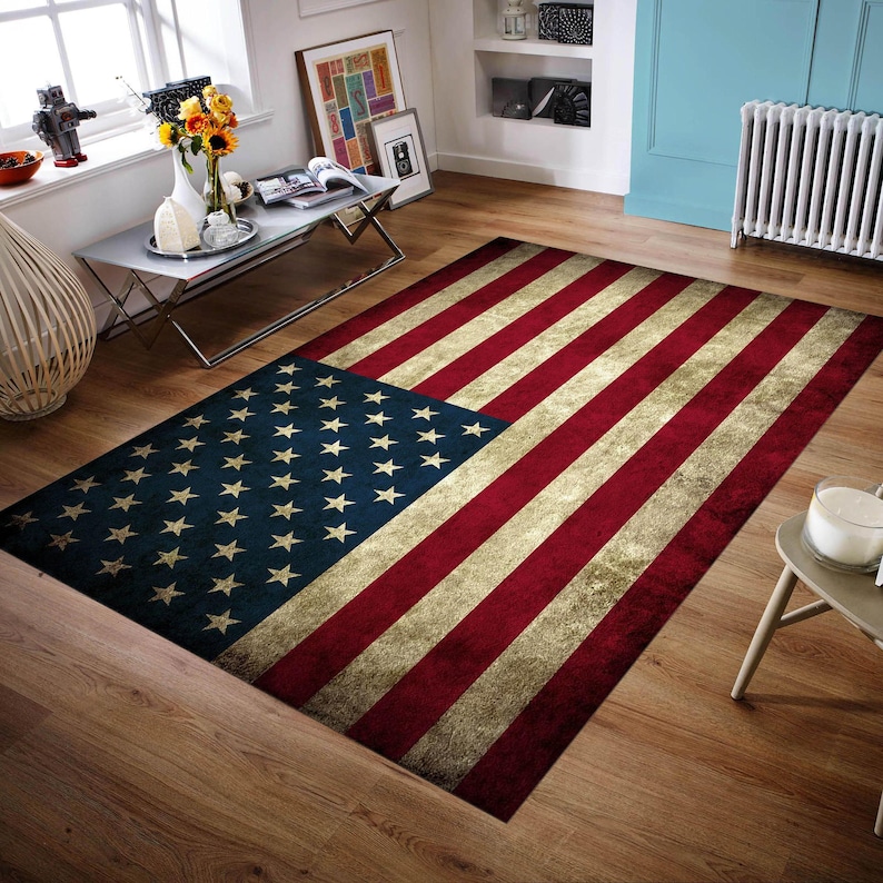 Alfombra con bandera de EE. UU., alfombra americana, moderna, para sala de estar, personalizada, antideslizante, para interior, regalo de inauguración. imagen 4