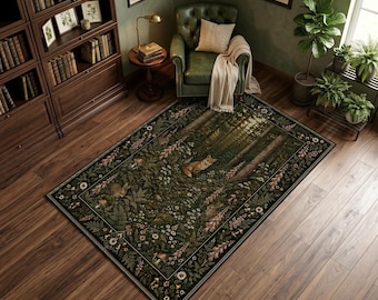 Enchanted Woodland Area Rug, Cottagecore Forest Animal Decor, Dark Green Nature Carpet, Storybook Woodland Rug