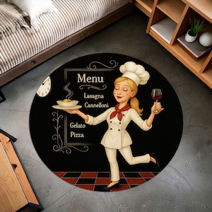 Tapete de cocina redondo con chef rubio: divertido tapete de cocina estilo restaurante, diseño de menú retro para comedor, cafetería o decoración culinaria.
