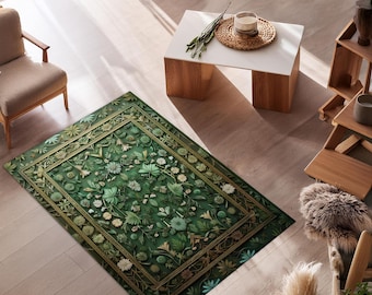 Green Boho Rug | Rustic Aesthetic Living Room Rug, Pastel Green Home Decor, Housewarming Gift Cottagecore Green Bedroom Floor Rug
