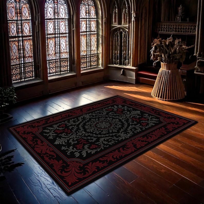 Elegant Gothic Rug with Red and Black Baroque Floral Patterns, Dark Romantic Carpet for Living Room and Bedroom image 4