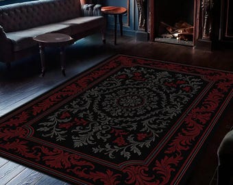 Elegante alfombra gótica con motivos florales barrocos en rojo y negro, alfombra romántica oscura para sala de estar y dormitorio.