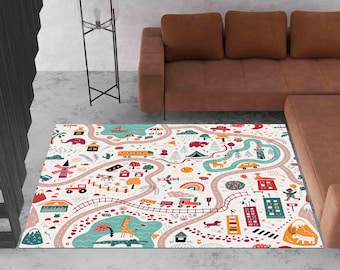 Personalizable Kids Rug, City Road Rug, Nursery Rug, World Road Rug, Washable, Non-slip Play Mat, Metropolis City Play Rug, Kinderkarten