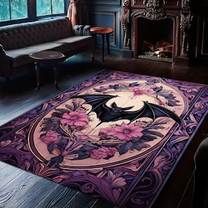 Bat Rug For Gothic Room Decor, Dark Academia Bat In Flowers Rug, Bat Decor, Spooky Room Decor\ Witchy Room Decor, Vintage Rug, Halloween Rug image 1