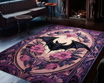Bat Rug For Gothic Room Decor, Dark Academia Bat In Flowers Rug, Bat Decor, Spooky Room Decor\ Witchy Room Decor, Vintage Rug, Halloween Rug