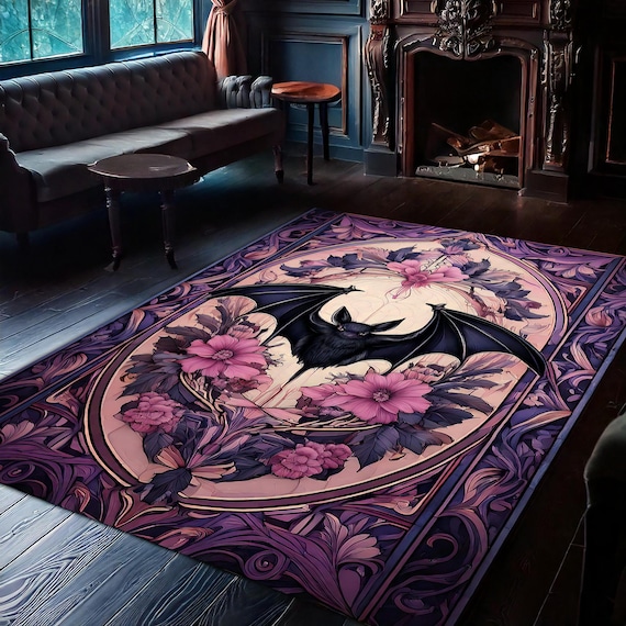 Bat Rug For Gothic Room Decor, Dark Academia Bat In Flowers Rug, Bat Decor, Spooky Room Decor\ Witchy Room Decor, Vintage Rug, Halloween Rug