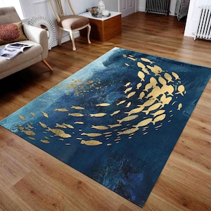 Koi Fish Rug, Abstract Gold Rug, Ocean Watercolor Rug, Luxury Painting Rug, Navy Blue Rug, Ocean Rug, Underwater Rug image 2