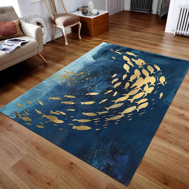 Koi Fish Rug, Abstract Gold Rug, Ocean Watercolor Rug, Luxury Painting Rug, Navy Blue Rug, Ocean Rug, Underwater Rug image 2
