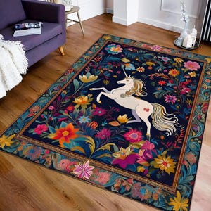 Floral Unicorn Rug, Folklore Decor, Cottagecore Decor, Fairy Woodland Decor, Whimsical Aesthetic Design Rug, Magical Decor, Fantasy Art