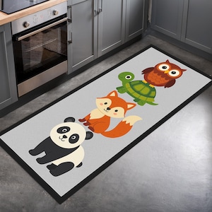 Bonita alfombra de cocina con diseño de animales: panda, zorro, tortuga, búho, antideslizante, lavable, ideal para sala de juegos o cocina, con divertida decoración de animales.