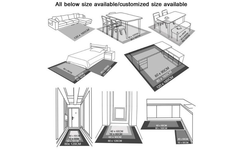 May include: Diagram showing different rug sizes available for a living room, bedroom, hallway, and dining room. The sizes are listed in centimeters.
