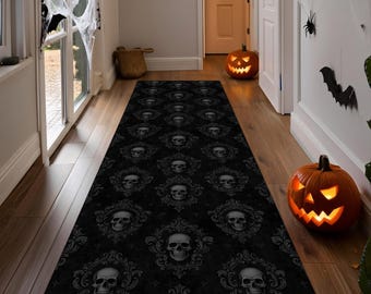 Gothic Skull Runner Rug – Black Hallway Carpet with Dark Skull Pattern, Spooky Horror Floor Mat, Halloween Haunted House Decor, Yard Runner