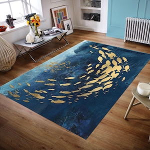 Koi Fish Rug, Abstract Gold Rug, Ocean Watercolor Rug, Luxury Painting Rug, Navy Blue Rug, Ocean Rug, Underwater Rug image 3