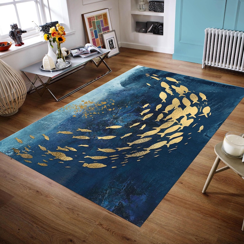 Koi Fish Rug, Abstract Gold Rug, Ocean Watercolor Rug, Luxury Painting Rug, Navy Blue Rug, Ocean Rug, Underwater Rug image 3