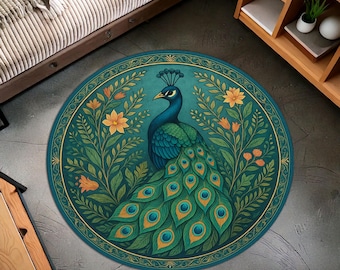Elegant Peacock Round Rug with Floral Botanical Bohemian Design, Colorful Bird Carpet, Exotic Living Room and Bedroom Home Decor
