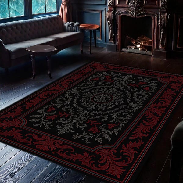 Elegante alfombra gótica con motivos florales barrocos en rojo y negro, alfombra romántica oscura para sala de estar y dormitorio.