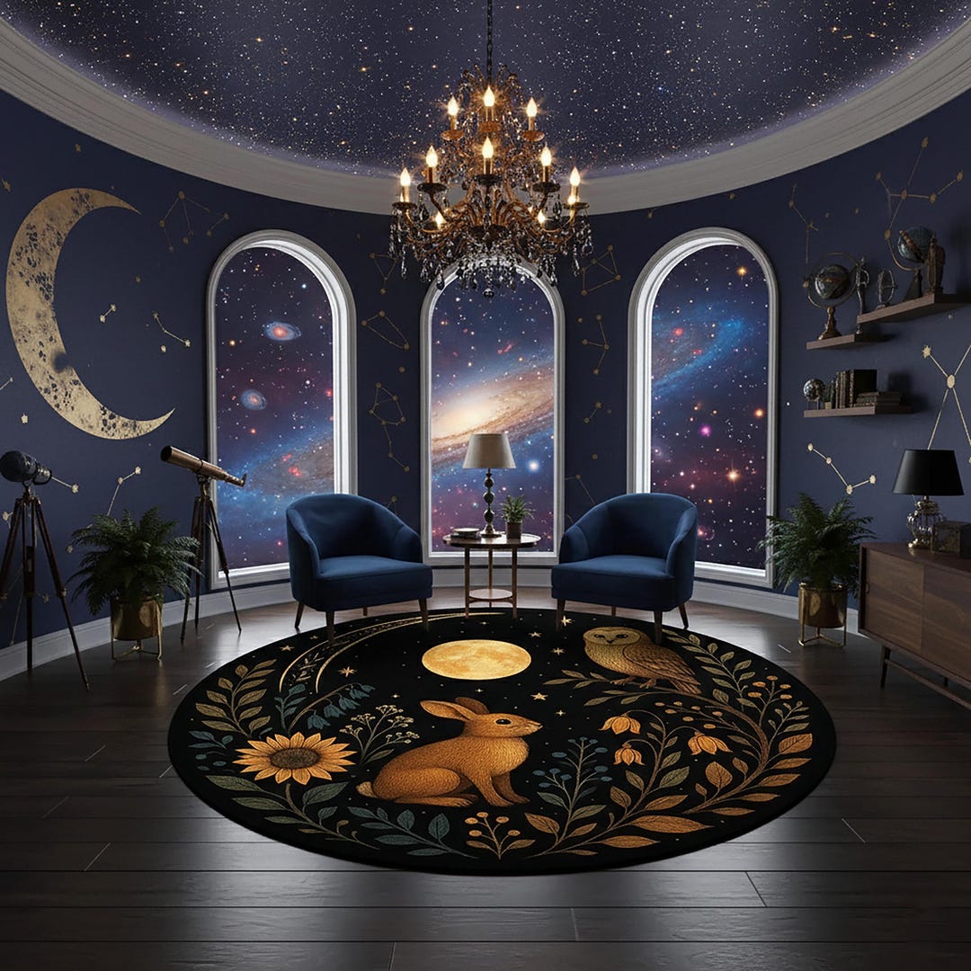 Magical Forest Rug Night Forest Rug With Owl and Rabbit Round Rug– Mystical Celestial Moon ...