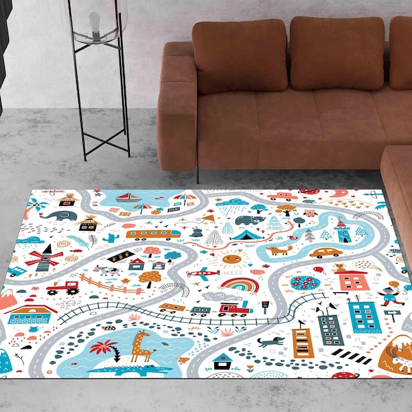 Personalizable Kids Rug, City Road Rug, Nursery Rug, World Road Rug, Washable, Non-slip Play Mat, Metropolis City Play Rug, Kinderkarten