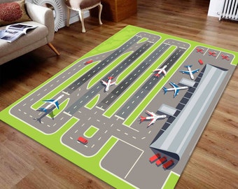 Runway Rug, Airport Decor Rug, Vliegtuig Rug, Schort Rug, Kinderkamer Rug, Jongens Kamer Decor, Speelmat, Verjaardagscadeau, Populaire Rug, Area Floor Rug