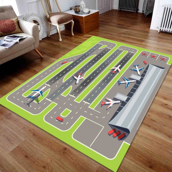 Runway Rug, Airport Decor Rug, Plane Rug, Apron Rug, Kids Room Rug, Boys Room Decor, Playing Mat, Birthday Gift, Popular Rug, Area Floor Rug