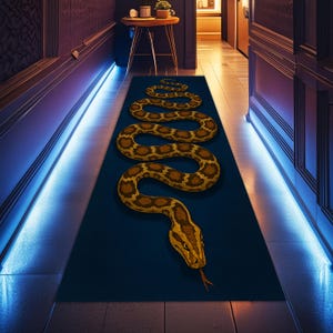 Könnte beinhalten: Ein marineblauer Läufer mit einer detaillierten Illustration einer braunen und tanfarbenen Schlange, die sich durch die Mitte schlängelt. Der Schlangenkopf befindet sich unten, mit ausgestreckter Zunge. Der Teppich befindet sich in einem Flur mit blauer Akzentbeleuchtung.