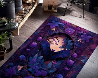 Bat Rug For Gothic Room Decor, Dark Academia Bat In Flowers Rug, Bat Decor, Witchy Room Decor, Vintage Rug, Halloween Rug