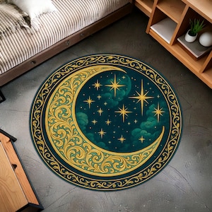 Moon and Stars Rug – Celestial Boho Decor with Golden Crescent and Star Pattern, Dreamy Galaxy Carpet for Bedroom or Meditation Space