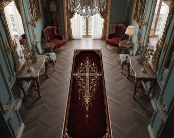 Puede incluir: Una alfombra rectangular tipo pasillero con fondo color burdeos intenso, un diseño central de cruz dorada ornamentada y bordes de filigrana dorada. La alfombra presenta un patrón simétrico con elementos decorativos de volutas en cada esquina.