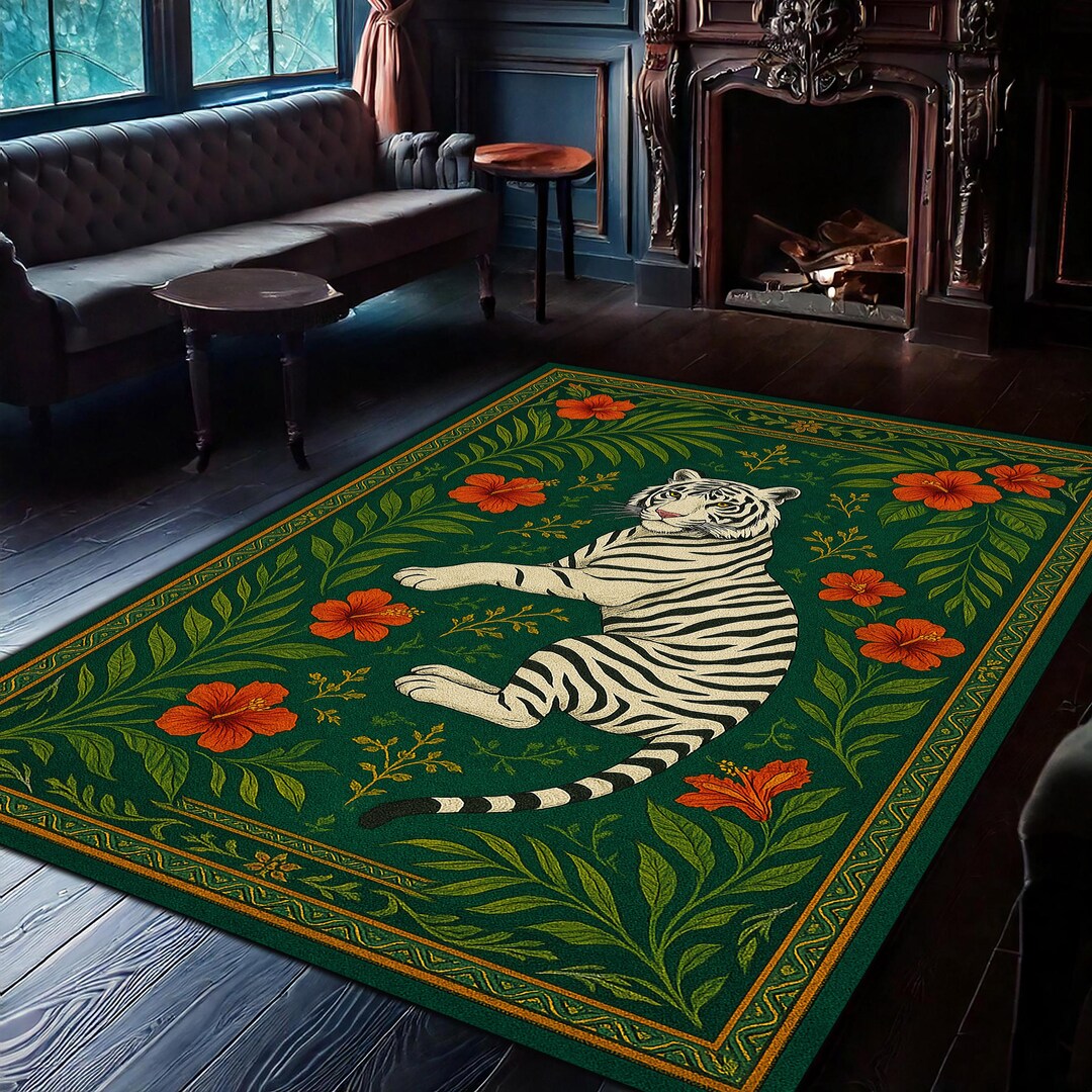 White Tiger Rug With Jungle Floral Patterns, Bohemian Wildlife Carpet ...