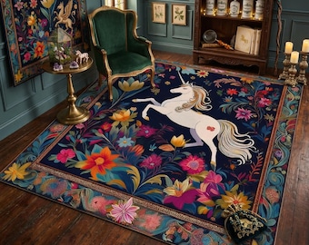 Einhorn Teppich, Folklore Dekor, Cottagecore Dekor, Feen Wald Dekor, wunderlicher ästhetischer Design Teppich, magisches Dekor, Fantasy Kunst