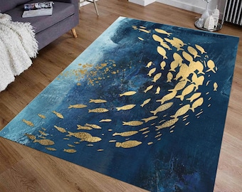Alfombra de peces koi, alfombra abstracta dorada, alfombra de acuarela oceánica, alfombra de pintura de lujo, alfombra azul marino, alfombra oceánica, alfombra submarina