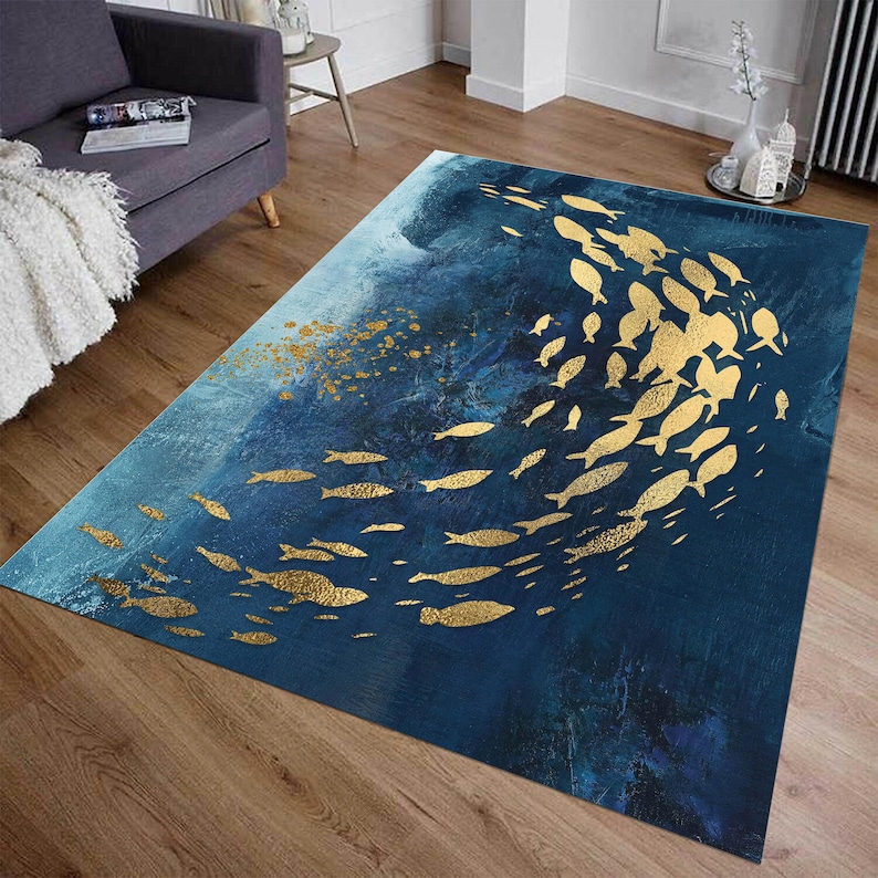 Koi Fish Rug, Abstract Gold Rug, Ocean Watercolor Rug, Luxury Painting Rug, Navy Blue Rug, Ocean Rug, Underwater Rug image 1