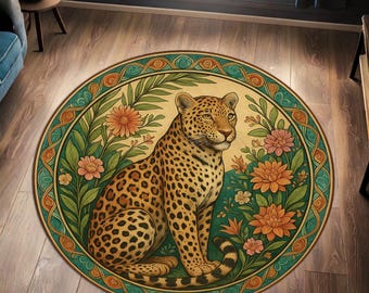 Bohemian Leopard Round Rug with Botanical Floral Design, Jungle Safari Animal Print Carpet, Living Room and Bedroom Decor