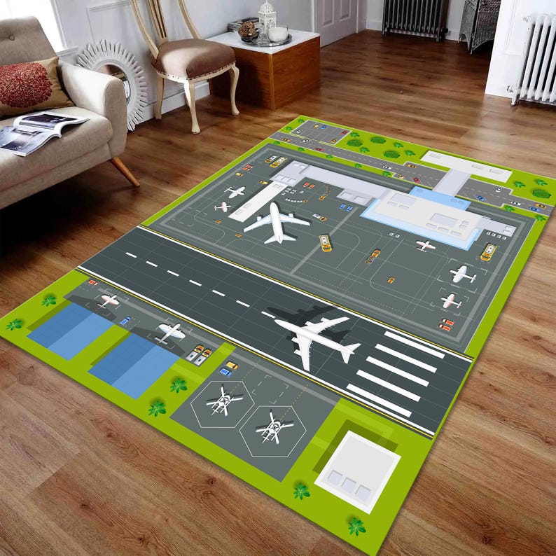 Airport Map Playmat, Runway Rug, Kids Play Rug, Kids Room Decor, Child Room Decor, Playhouse Rug, Kids Playmat image 3